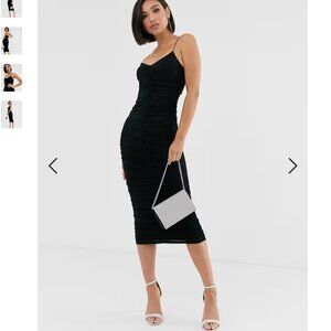 Ruched Strappy Midi Black Dress